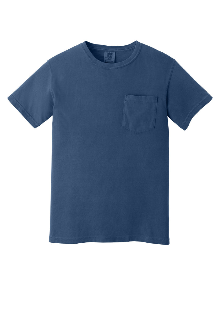 Front View of China Blue COMFORT COLORS Heavyweight Ring Spun Pocket Tee. 6030