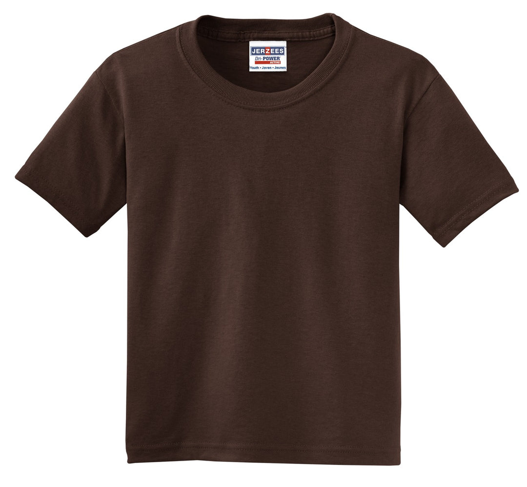 Front View of Chocolate Jerzees - Youth Dri-Power 50/50 Cotton/Poly T-Shirt. 29B