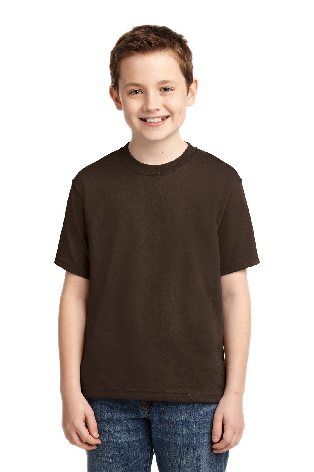 Front View of Chocolate Jerzees - Youth Dri-Power 50/50 Cotton/Poly T-Shirt. 29B