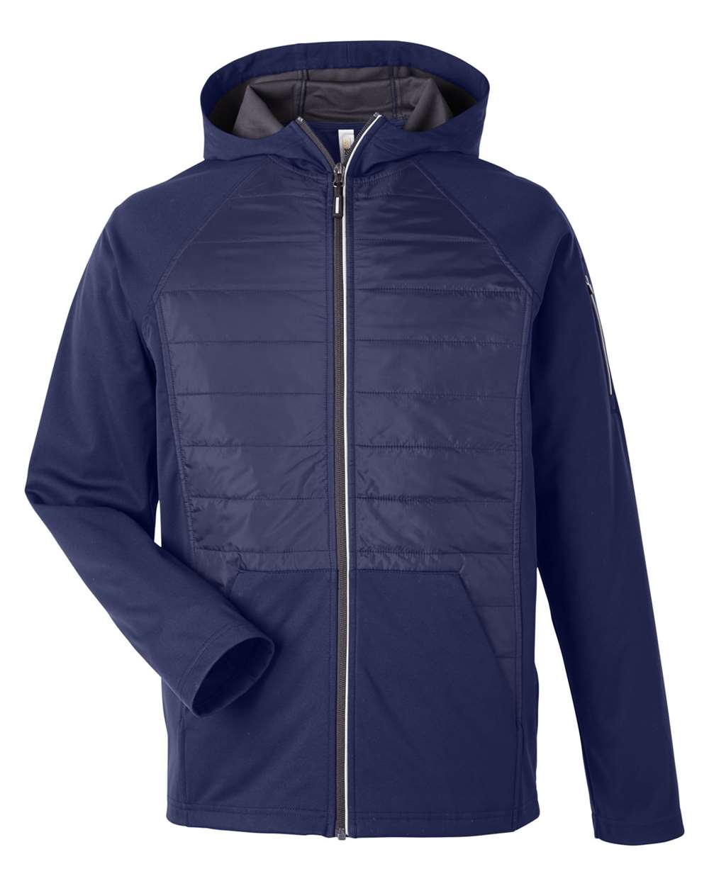 Front View of Classic Navy Unisex Techno Lite Hybrid Hooded Jacket - CE808