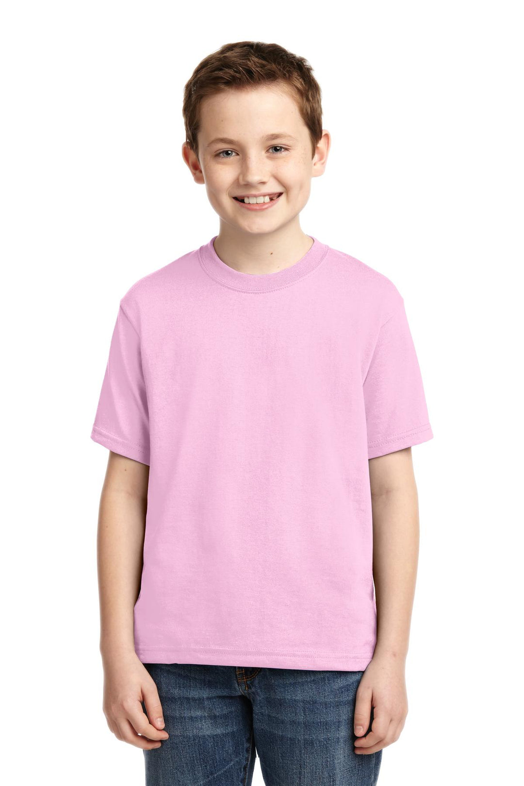 Front View of Classic Pink Jerzees - Youth Dri-Power 50/50 Cotton/Poly T-Shirt. 29B
