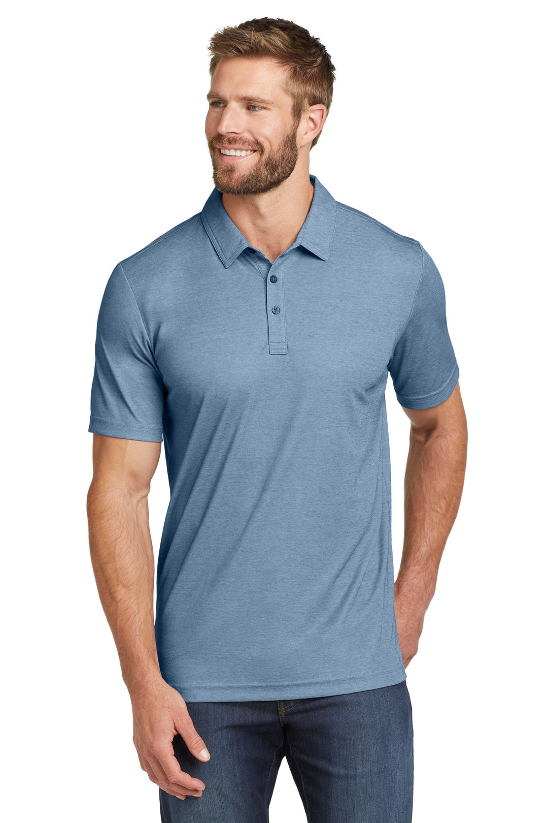 Front View of ClscBlHthr TravisMathew Oceanside Heather Polo. TM1MU412