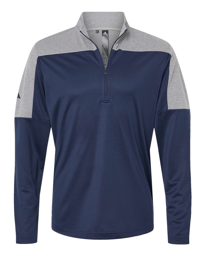 Front View of Collegiate Navy/ Grey Three Melange Lightweight Quarter-Zip Pullover - A552