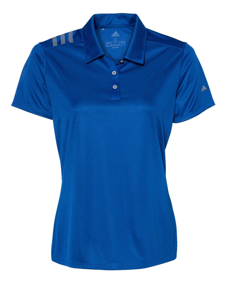 Front View of Collegiate Royal/ Grey Three Women's 3-Stripes Shoulder Polo - A325