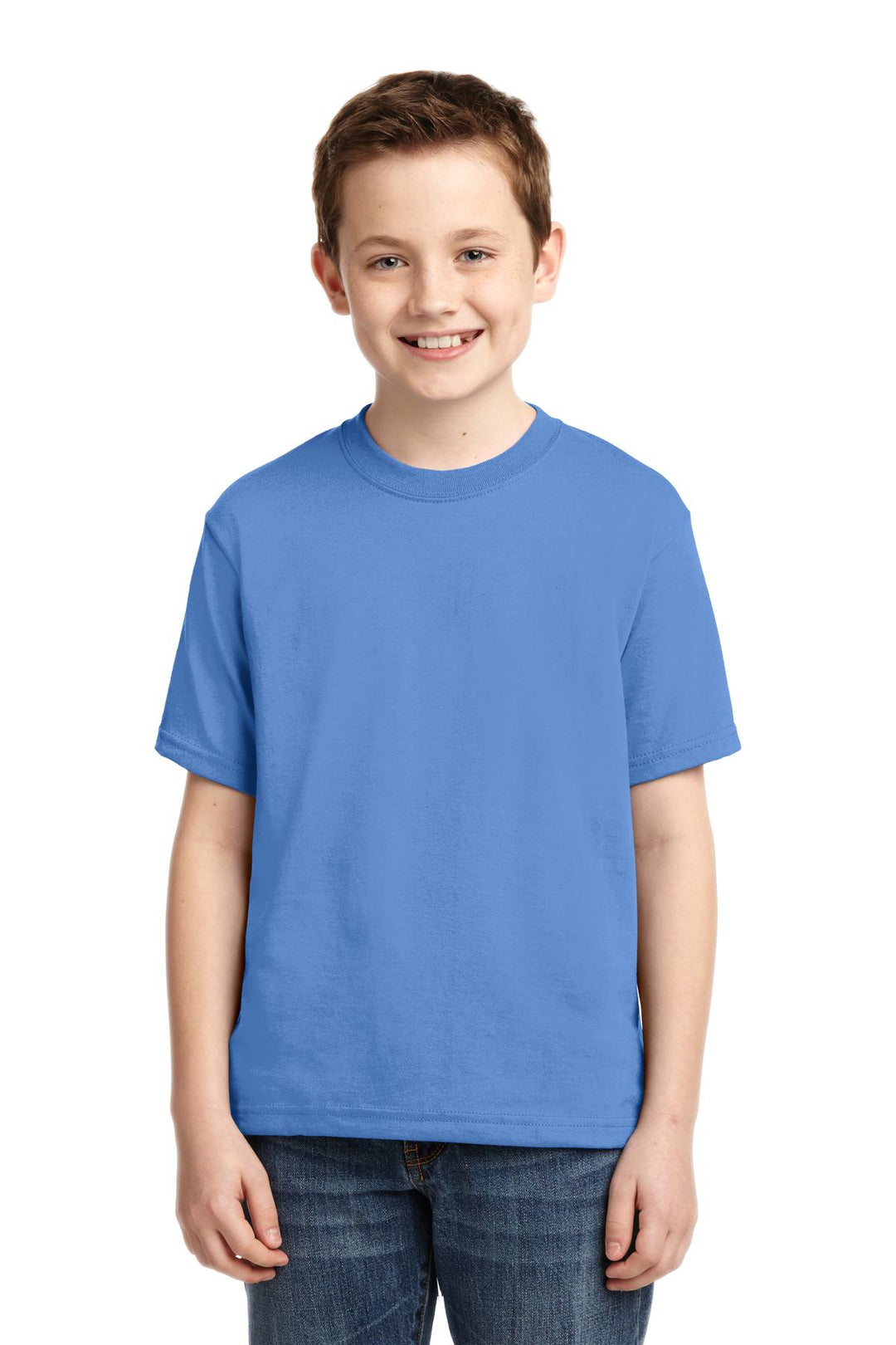Front View of Columbia Blue Jerzees - Youth Dri-Power 50/50 Cotton/Poly T-Shirt. 29B