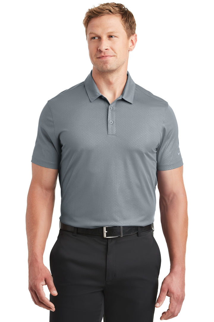 Front View of Cool Grey Nike Dri-FIT Embossed Tri-Blade Polo. 838964