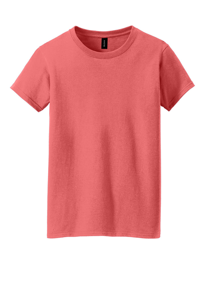 Front View of Coral Silk Gildan Women's Heavy Cotton 100% Cotton T-Shirt. 5000L