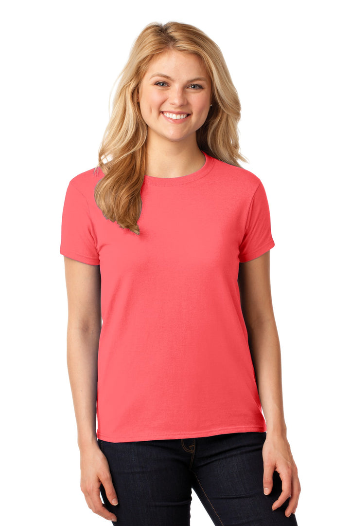 Front View of Coral Silk Gildan Women's Heavy Cotton 100% Cotton T-Shirt. 5000L