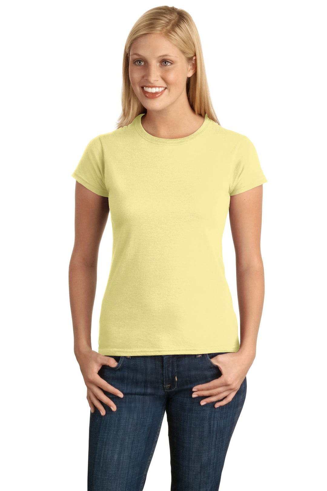 Front View of Corn Silk Gildan Softstyle Women's T-Shirt. 64000L
