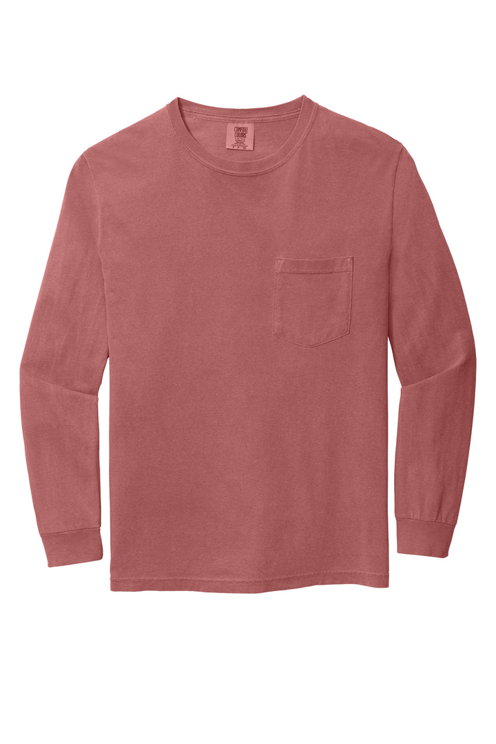 Front View of Crimson COMFORT COLORS Heavyweight Ring Spun Long Sleeve Pocket Tee. 4410