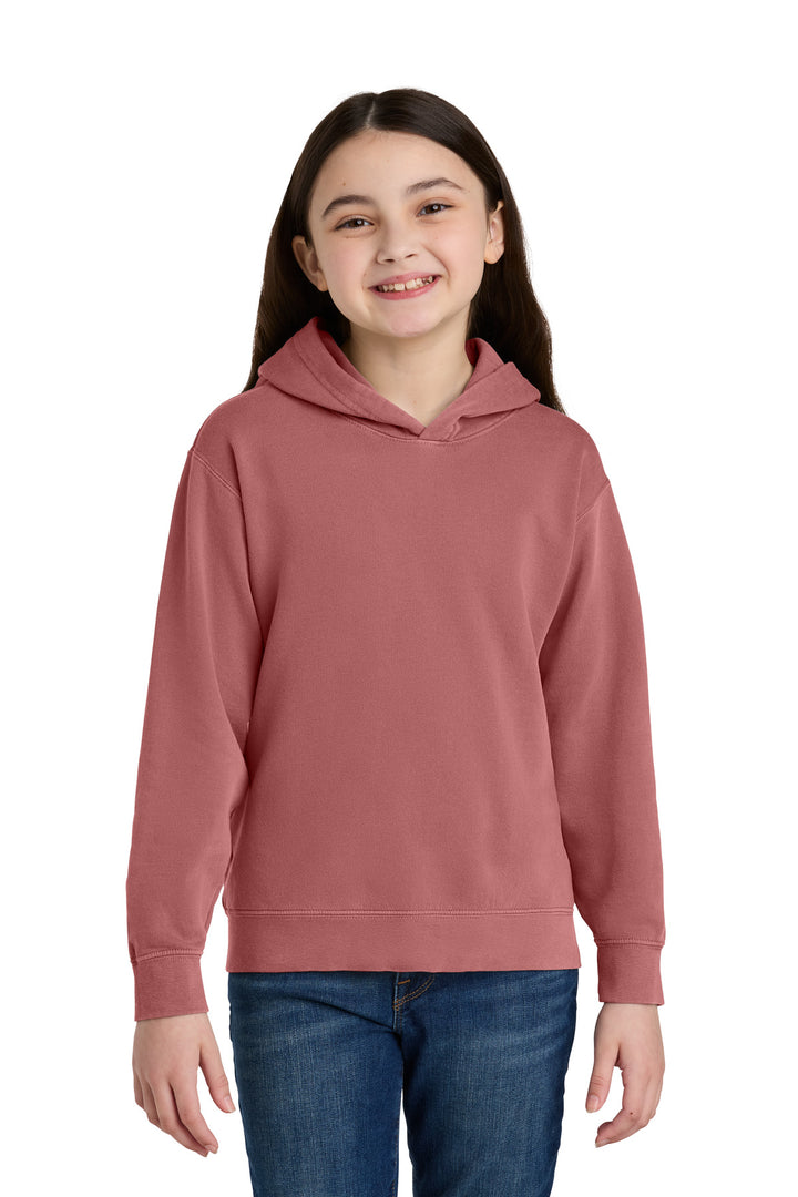 Front View of Crimson Comfort Colors Youth Lightweight Hooded Sweatshirt 1467Y