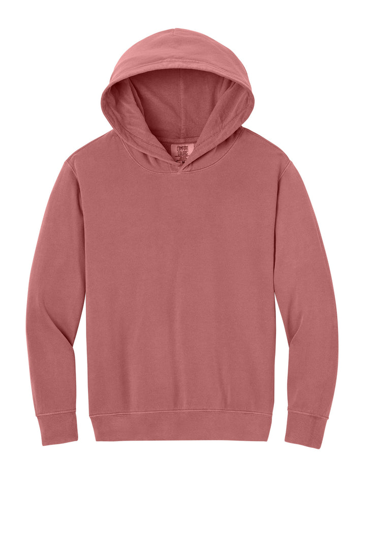 Front View of Crimson Comfort Colors Youth Lightweight Hooded Sweatshirt 1467Y