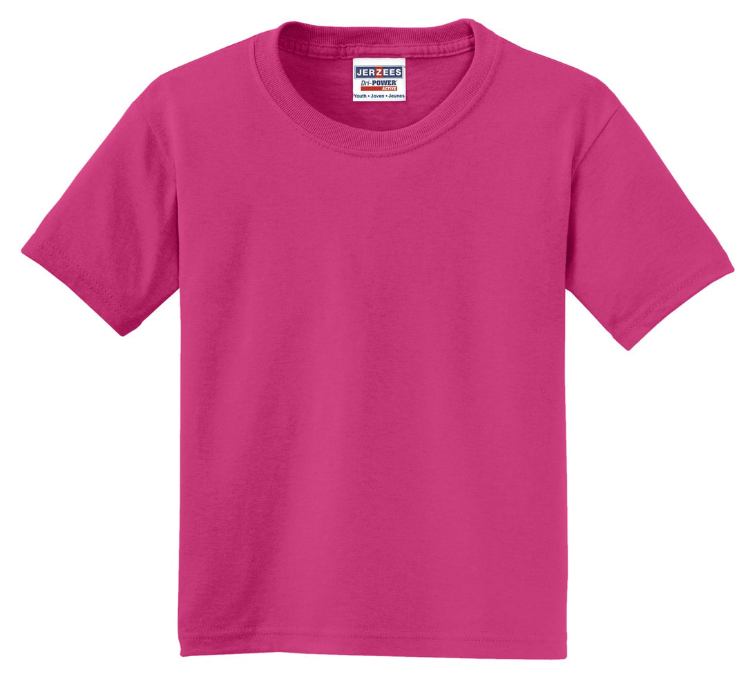 Front View of Cyber Pink Jerzees - Youth Dri-Power 50/50 Cotton/Poly T-Shirt. 29B