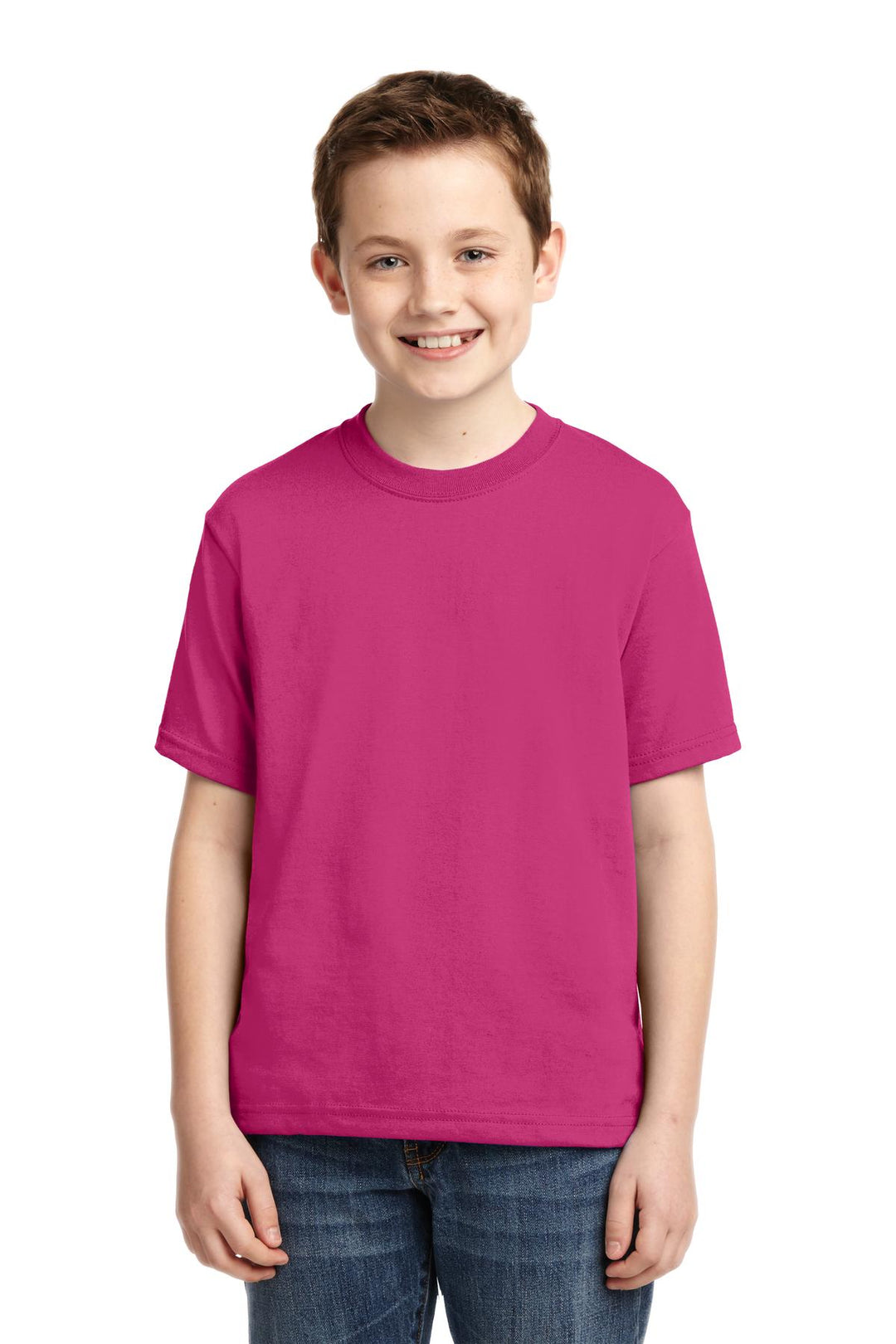 Front View of Cyber Pink Jerzees - Youth Dri-Power 50/50 Cotton/Poly T-Shirt. 29B