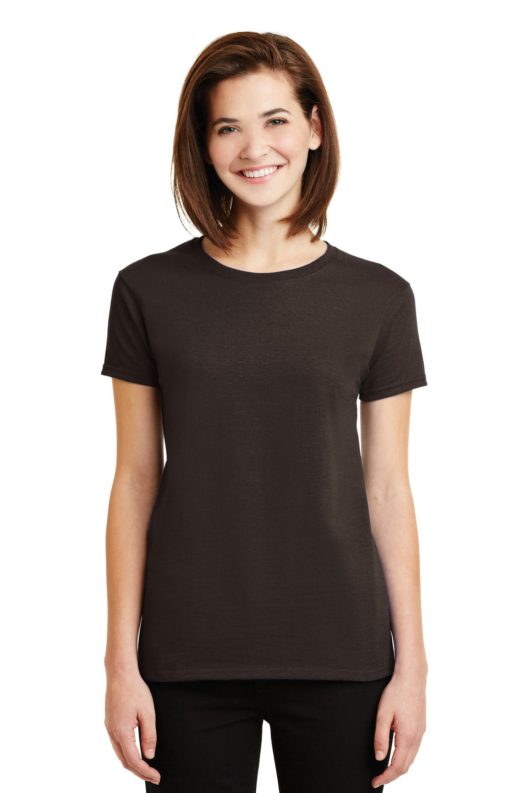 Front View of Dark Chocolate Gildan Women's Ultra Cotton 100% US Cotton T-Shirt. 2000L