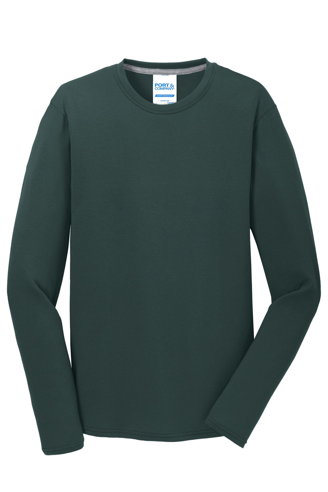 Front View of Dark Green Port & Company Long Sleeve Performance Blend Tee. PC381LS