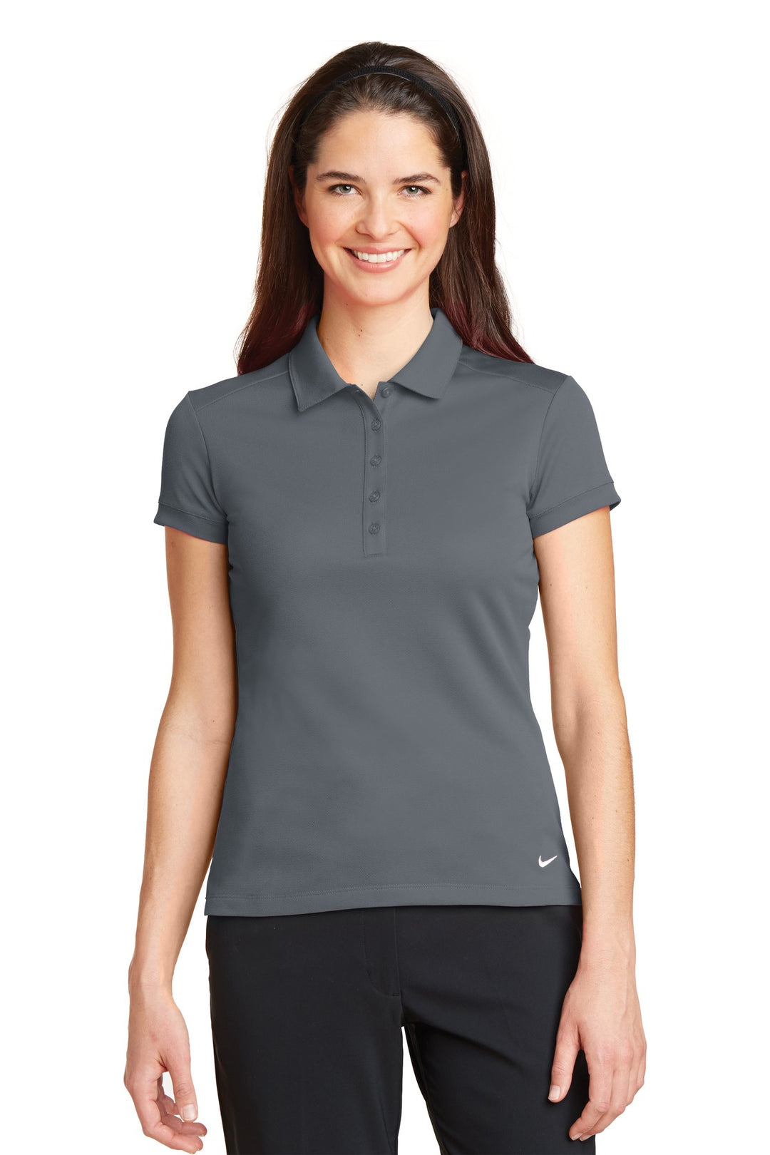 Front View of Dark Grey Nike Women's Dri-FIT Solid Icon Pique Modern Fit Polo. 746100