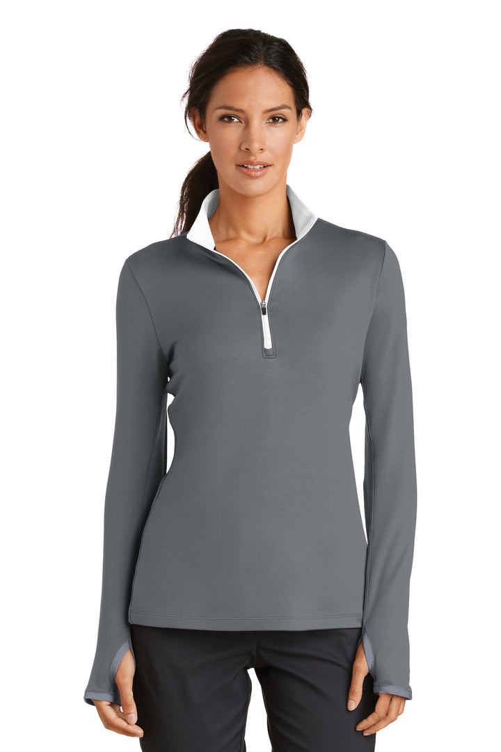 Front View of Dark Grey/Wht Nike Women's Dri-FIT Stretch 1/2-Zip Cover-Up. 779796