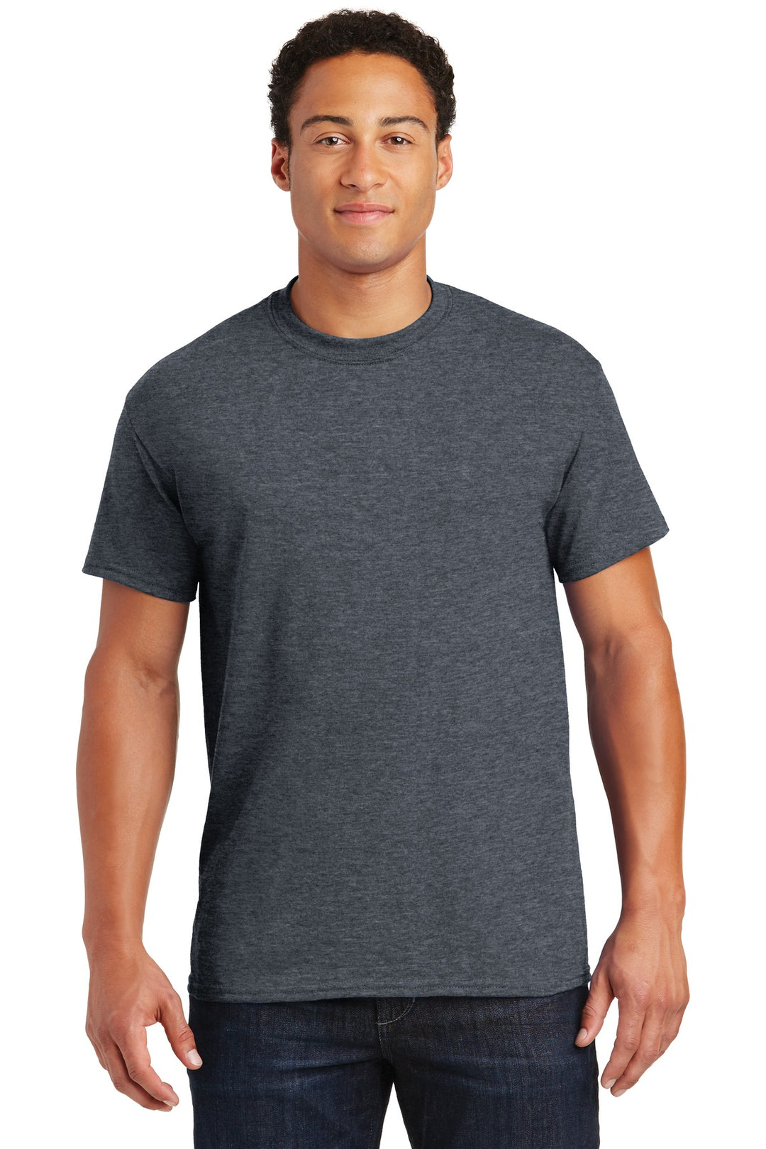 Front View of Dark Heather Gildan DryBlend 50 Cotton/50 Poly T-Shirt. 8000