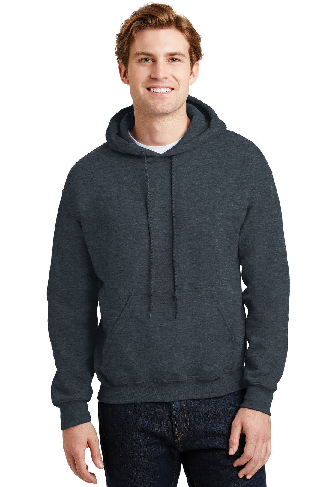 Front View of Dark Heather Gildan - Heavy Blend Hooded Sweatshirt. 18500