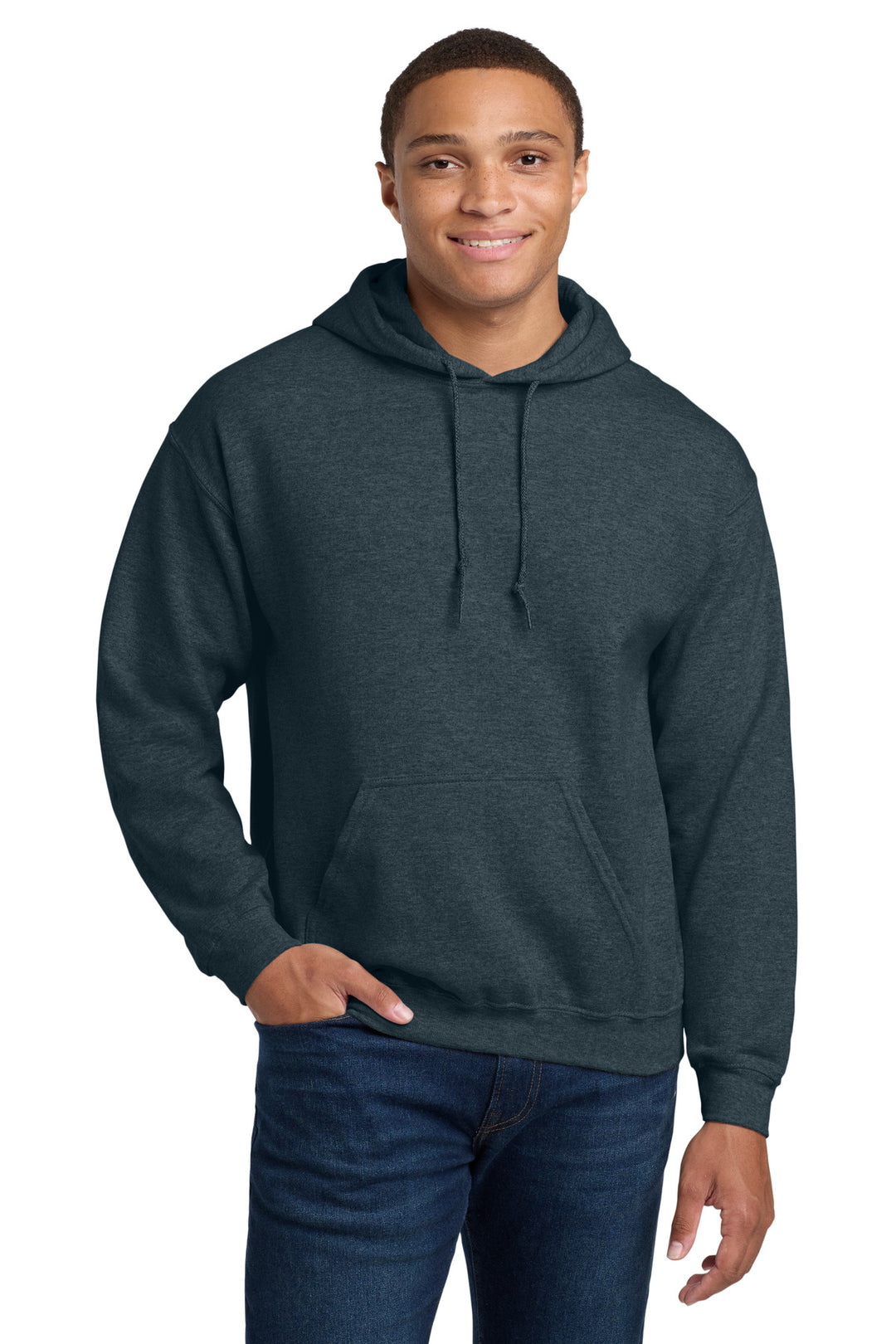 Front View of Dark Heather Gildan - Heavy Blend Hooded Sweatshirt. 18500