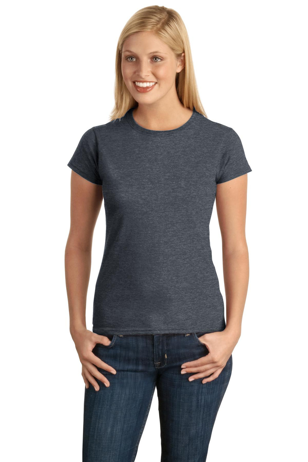 Front View of Dark Heather Gildan Softstyle Women's T-Shirt. 64000L