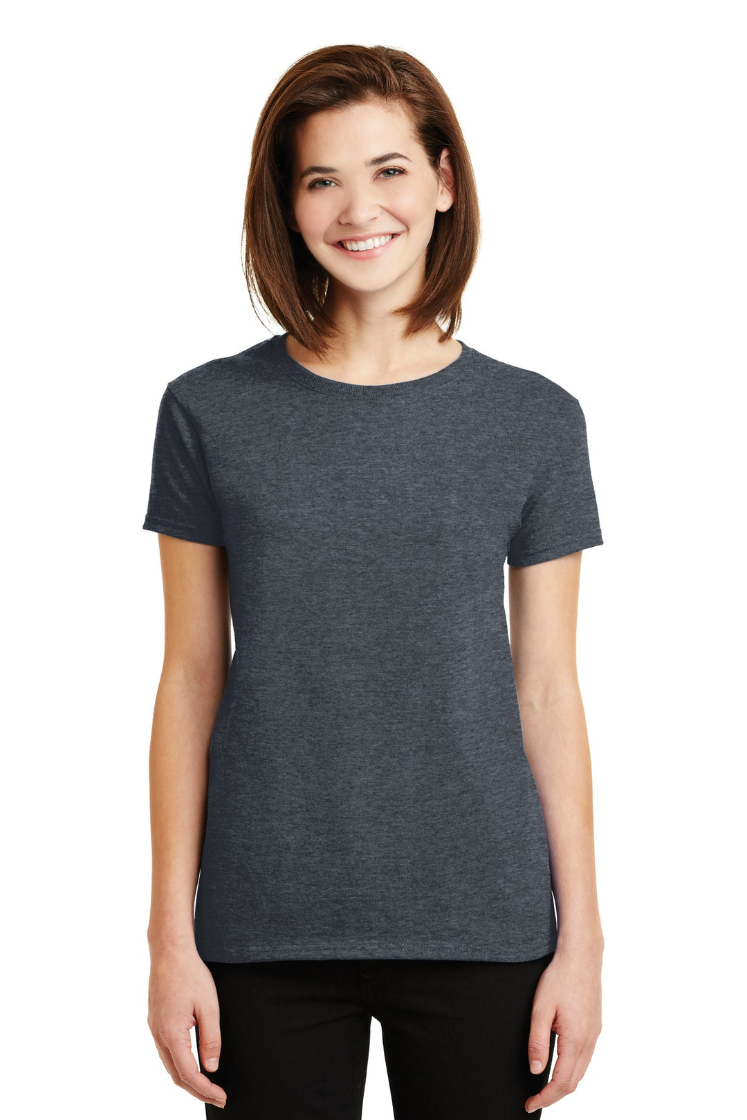 Front View of Dark Heather Gildan Women's Ultra Cotton 100% US Cotton T-Shirt. 2000L