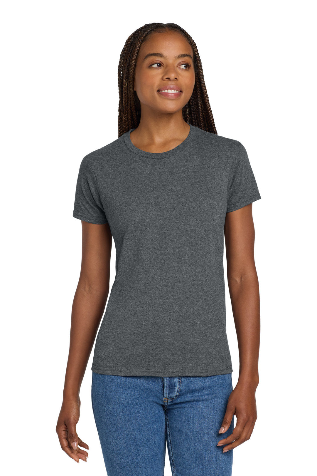 Front View of Dark Heather Gildan Women's Ultra Cotton 100% US Cotton T-Shirt. 2000L