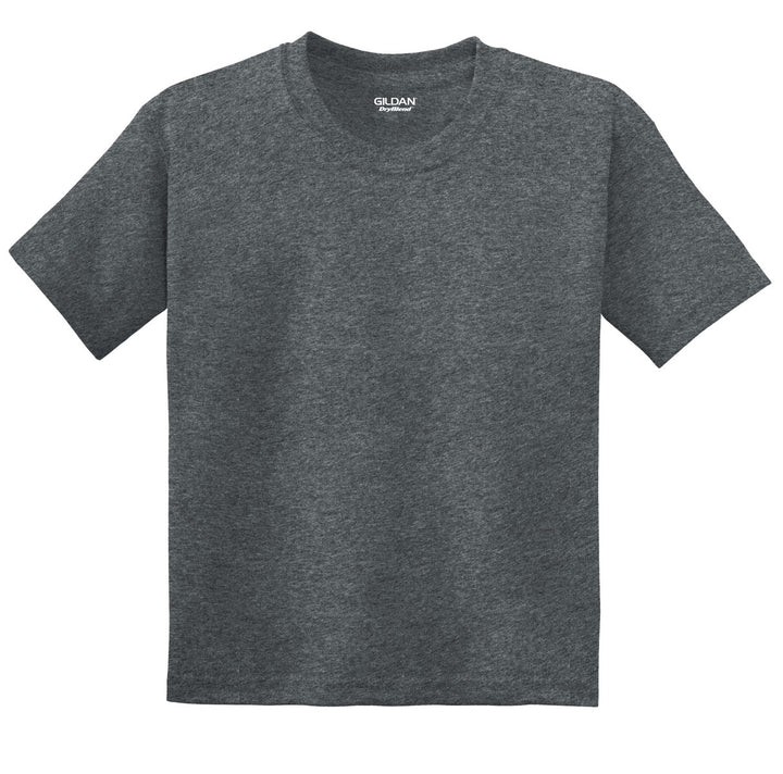 Front View of Dark Heather Gildan Youth DryBlend 50 Cotton/50 Poly T-Shirt. 8000B