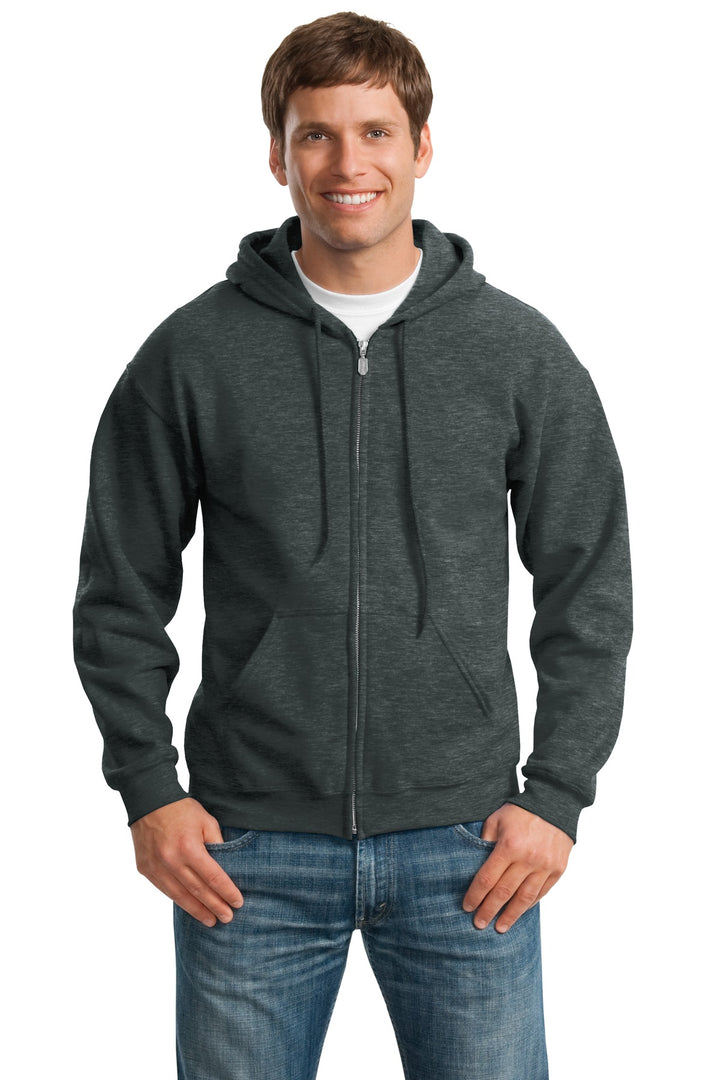 Front View of Dark Hthr Grey Gildan - Heavy Blend Full-Zip Hooded Sweatshirt. 18600