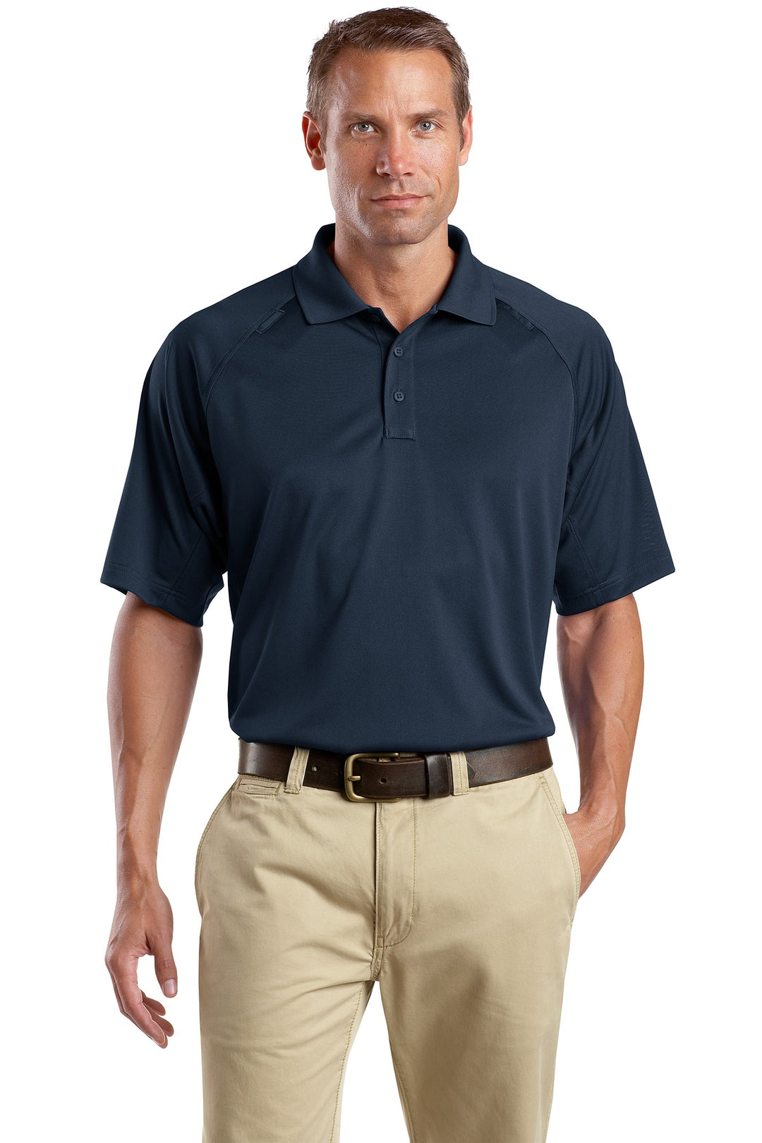 Front View of Dark Navy CornerStone Tall Select Snag-Proof Tactical Polo. TLCS410