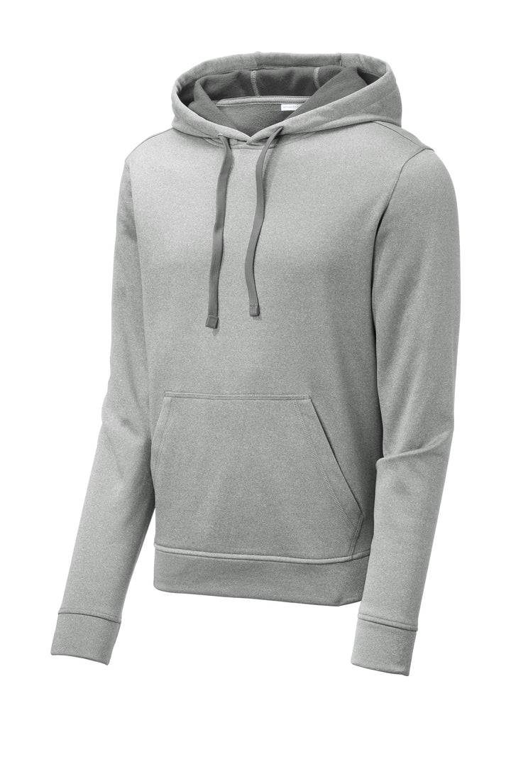 Front View of Dark Silver He Sport-Tek PosiCharge Sport-Wick Heather Fleece Hooded Pullover. ST264