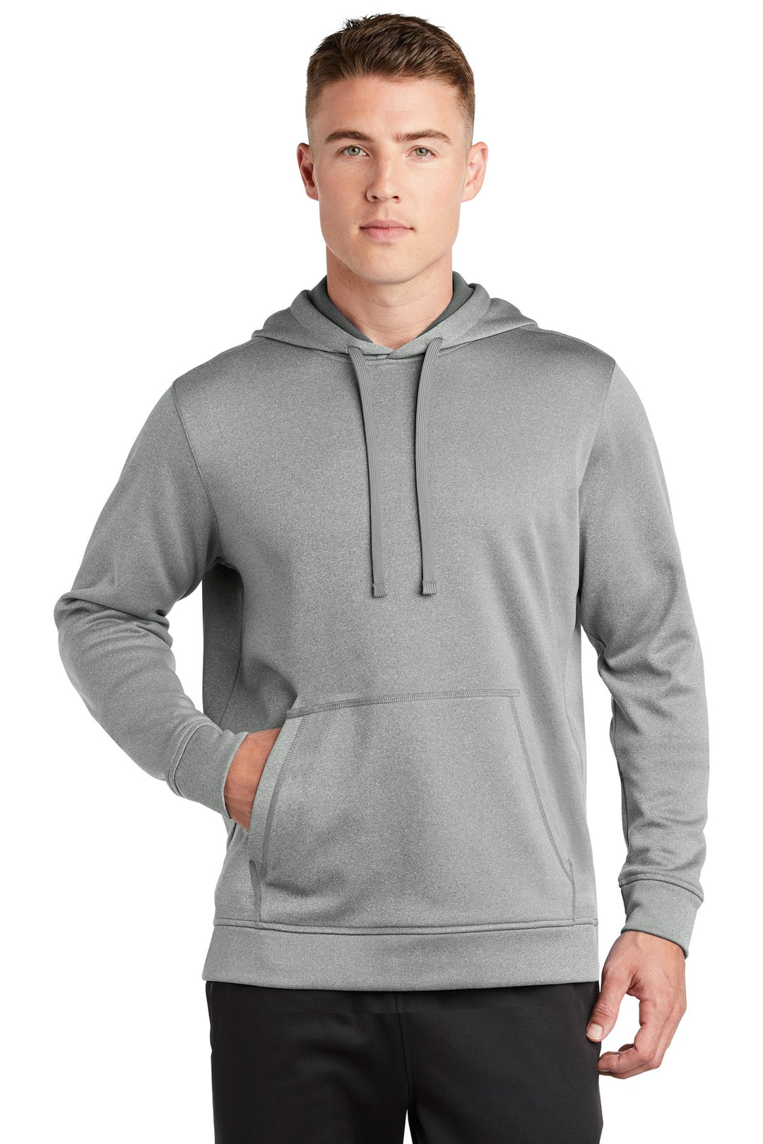 Front View of Dark Silver He Sport-Tek PosiCharge Sport-Wick Heather Fleece Hooded Pullover. ST264