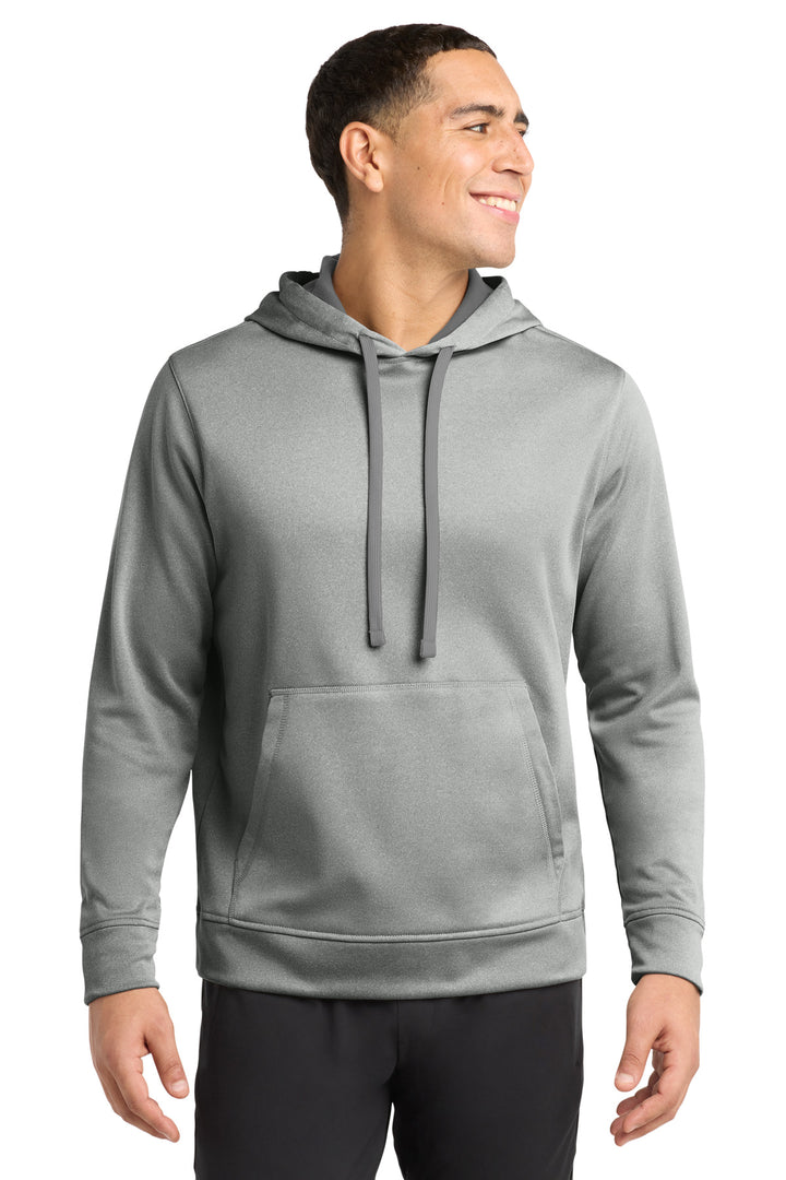 Front View of Dark Silver He Sport-Tek PosiCharge Sport-Wick Heather Fleece Hooded Pullover. ST264