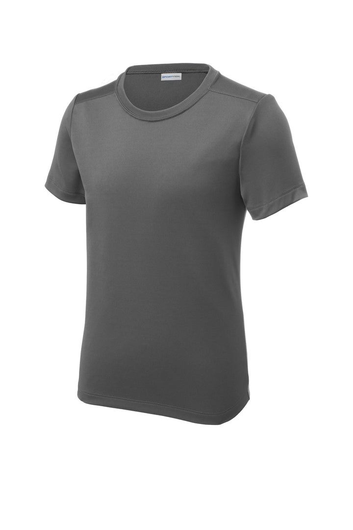 Front View of Dark Smoke Gry Sport-Tek Youth Posi-UV Pro Tee. YST420