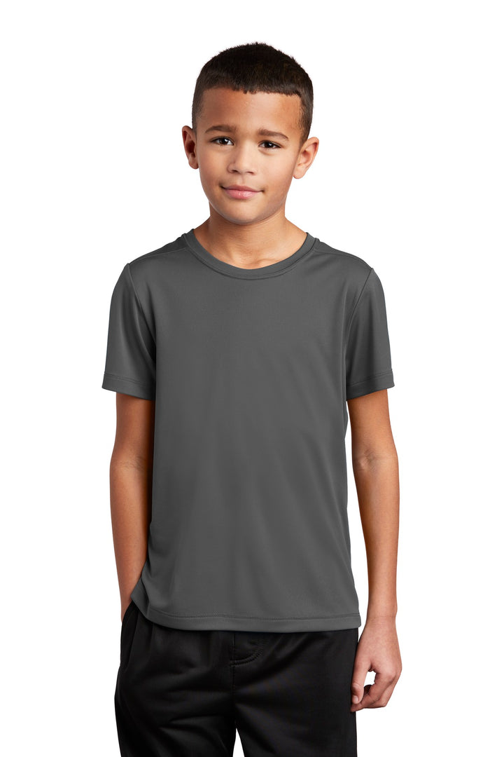 Front View of Dark Smoke Gry Sport-Tek Youth Posi-UV Pro Tee. YST420