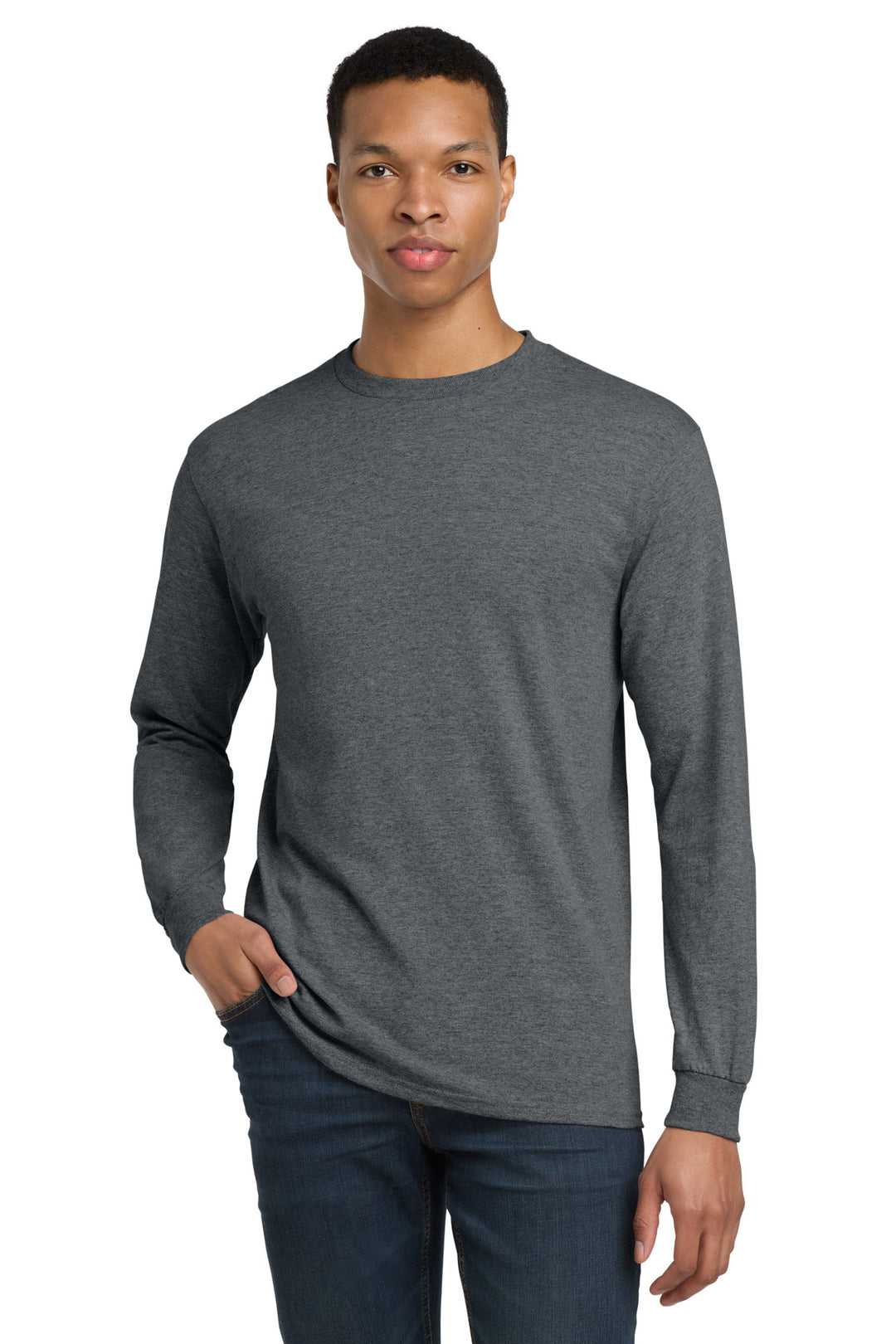 Front View of DarkHthr Gildan - DryBlend 50 Cotton/50 Poly Long Sleeve T-Shirt. 8400