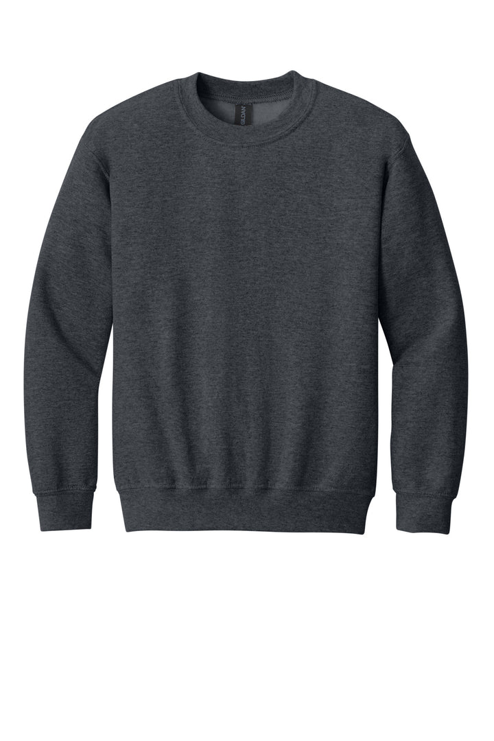 Front View of DarkHthr Gildan Youth Heavy Blend Crewneck Sweatshirt. 18000B