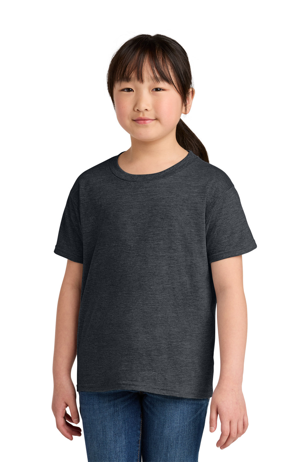 Front View of DarkHthr Gildan Youth Softstyle T-Shirt 64000B