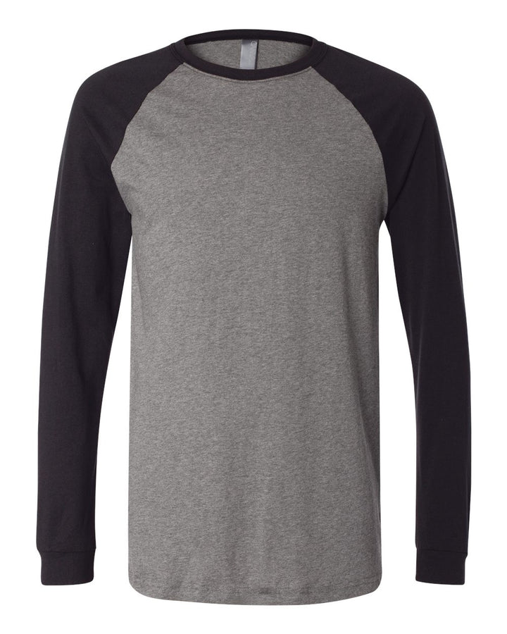 Front View of Deep Heather/ Black Long Sleeve Jersey Baseball Tee - 3000