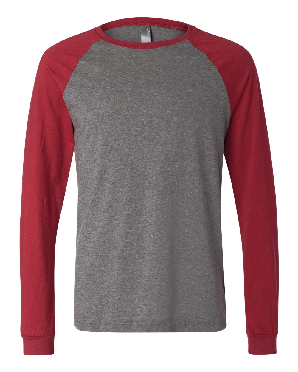 Front View of Deep Heather/ Cardinal Long Sleeve Jersey Baseball Tee - 3000