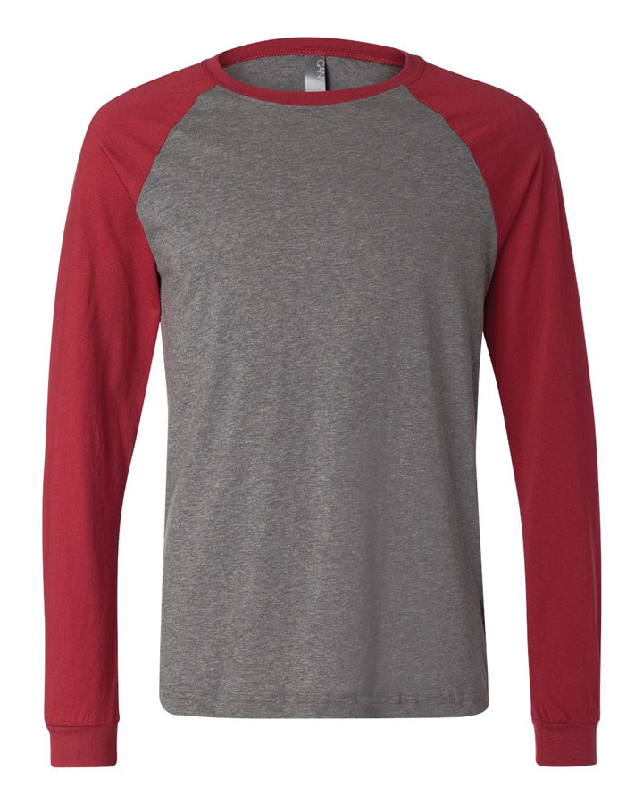 Front View of Deep Heather/ Cardinal Long Sleeve Jersey Baseball Tee - 3000