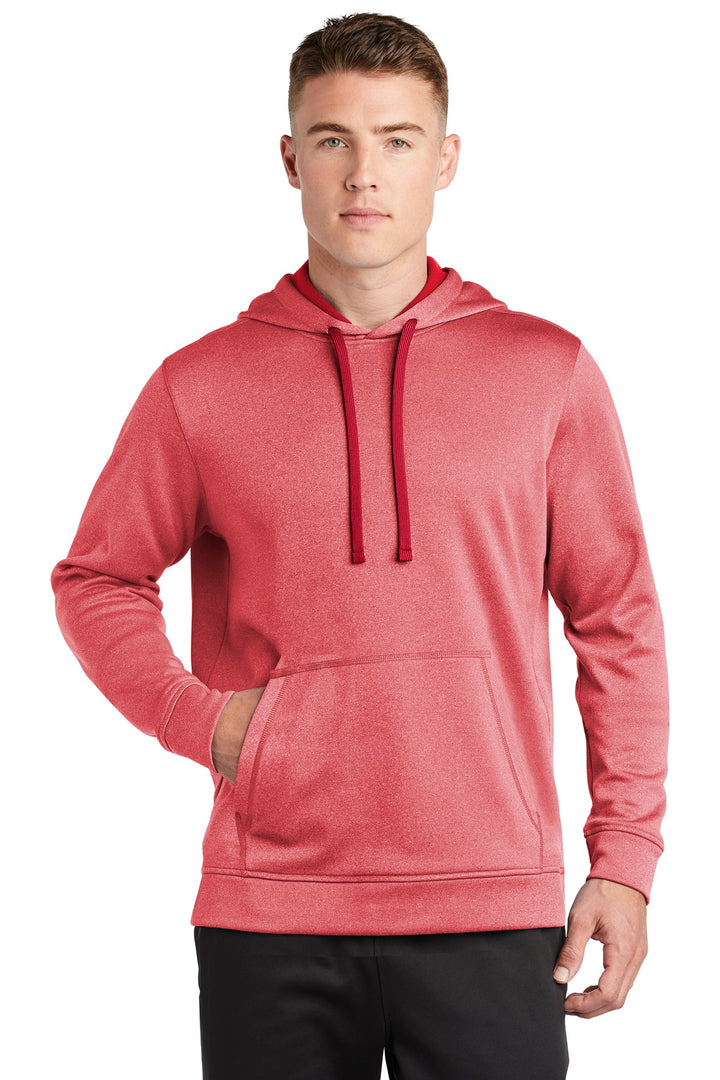 Front View of Deep Red Hthr Sport-Tek PosiCharge Sport-Wick Heather Fleece Hooded Pullover. ST264