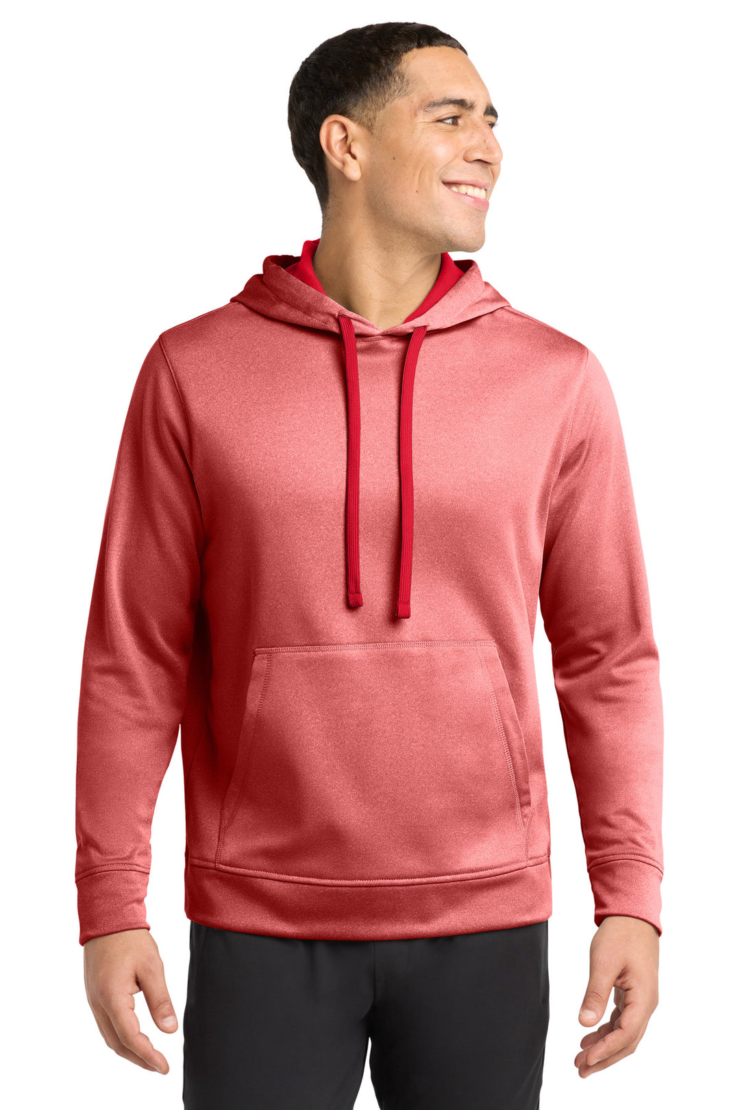 Front View of Deep Red Hthr Sport-Tek PosiCharge Sport-Wick Heather Fleece Hooded Pullover. ST264