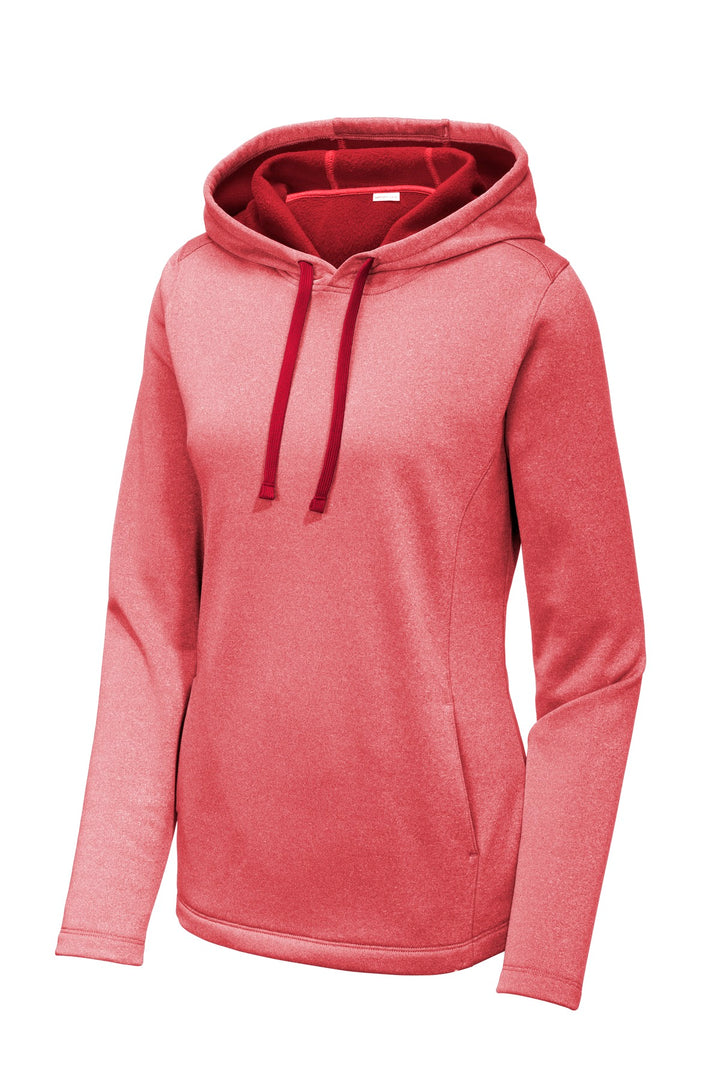 Front View of Deep Red Hthr Sport-Tek Women's PosiCharge Sport-Wick Heather Fleece Hooded Pullover. LST264