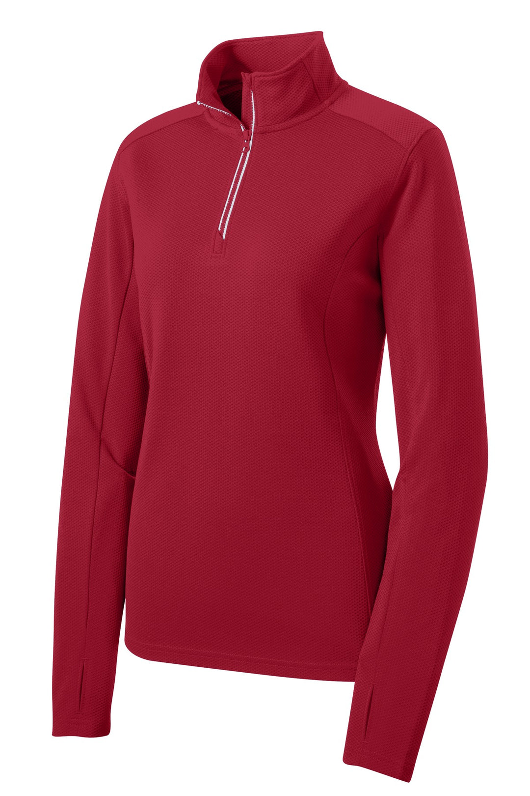 Front View of Deep Red Sport-Tek Women's Sport-Wick Textured 1/4-Zip Pullover. LST860