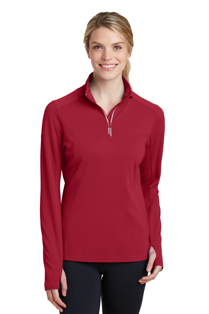 Front View of Deep Red Sport-Tek Women's Sport-Wick Textured 1/4-Zip Pullover. LST860