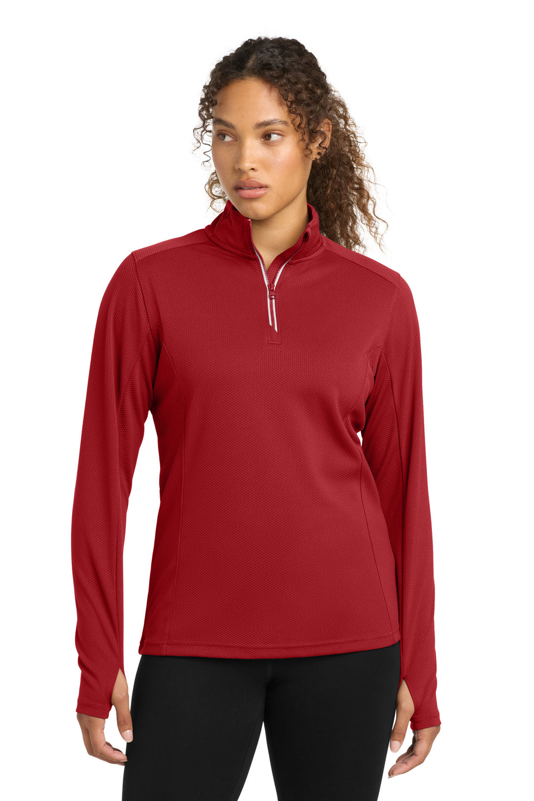 Front View of Deep Red Sport-Tek Women's Sport-Wick Textured 1/4-Zip Pullover. LST860