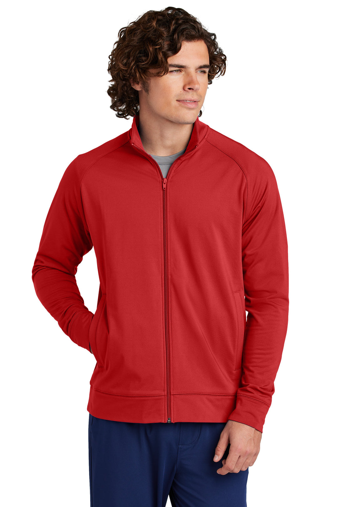 Front View of DeepRed Sport-Tek Sport-Wick Stretch Full-Zip Cadet Jacket ST857