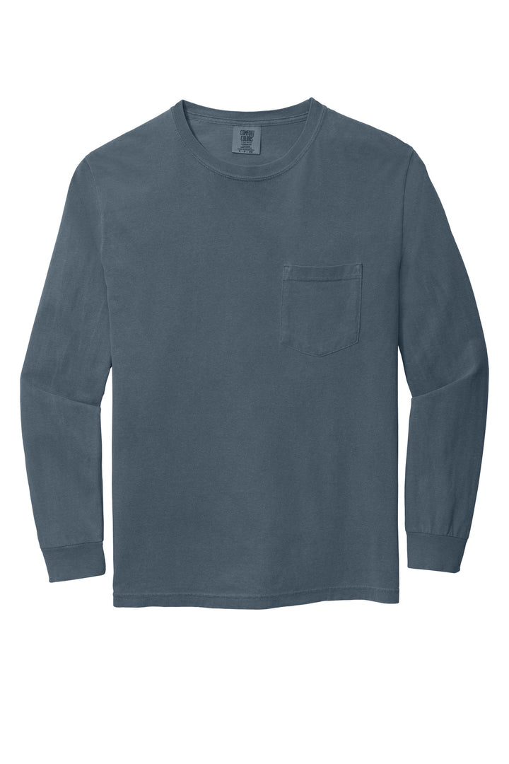 Front View of Denim COMFORT COLORS Heavyweight Ring Spun Long Sleeve Pocket Tee. 4410